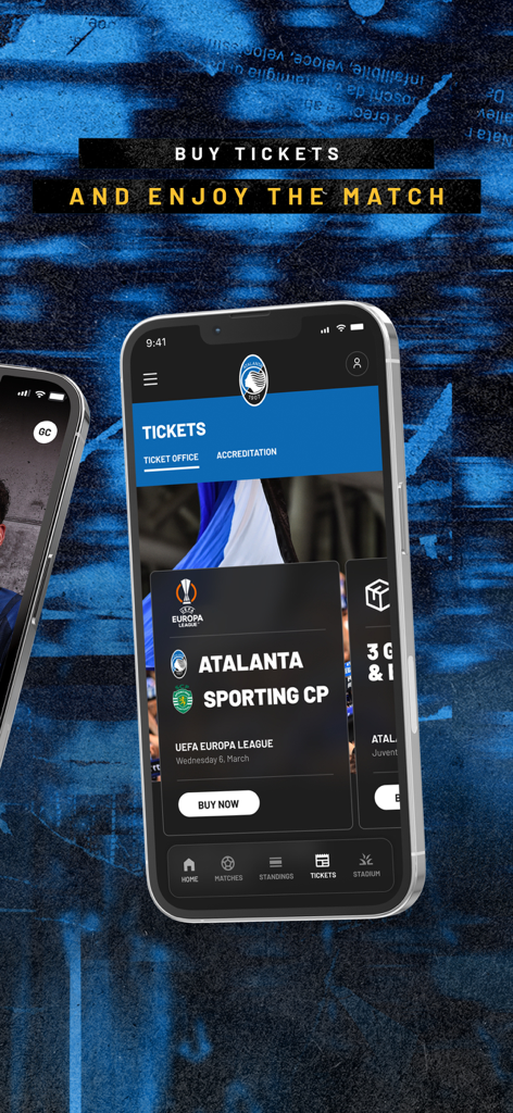 Atalanta BC Official App - Atalanta BC official app interface showing the ticket booking section for a UEFA Europa League match against Sporting CP