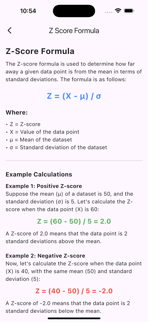 Z-Table - Educational screen from the Z-Table app explaining the Z-score formula with positive and negative calculation examples