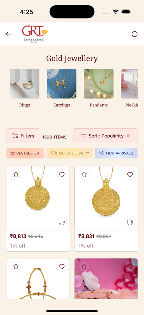 GRT Jewellers - Mobile app interface of GRT Jewellers displaying a selection of gold pendants and jewelry categories.