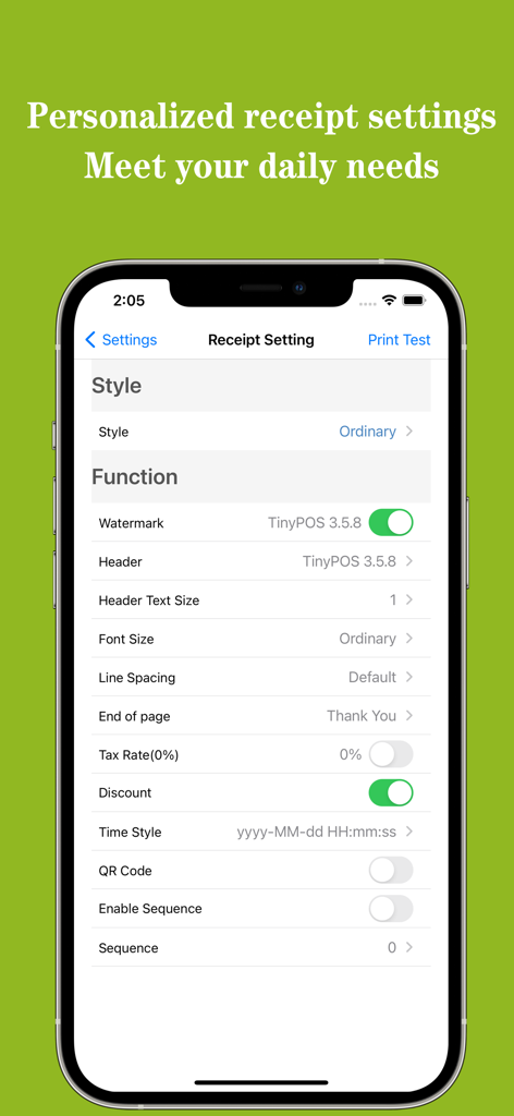 TinyPOS:Make & Print Bills - Personalized receipt settings menu in the TinyPOS app showing customization options for bill headers and footers.