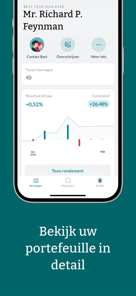 Pantalla de la aplicación Private Bank mostrando el rendimiento de la cartera de inversiones y las opciones de cuenta