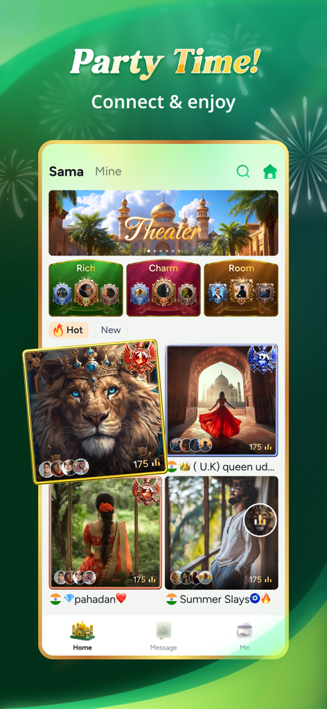 Sama Chat - Interfaz de la aplicación Sama Chat que muestra salas de fiestas interactivas y clasificaciones de estatus social con insignias