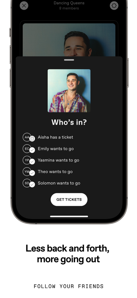 DICE: Live Shows - Interfaccia dell'app DICE che mostra un elenco di amici che partecipano o sono interessati a un concerto dal vivo