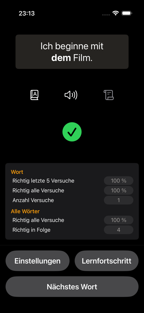 ArtikelMeister - Uma captura de tela do aplicativo ArtikelMeister mostrando uma resposta correta de artigo em alemão e estatísticas detalhadas de progresso de aprendizado.