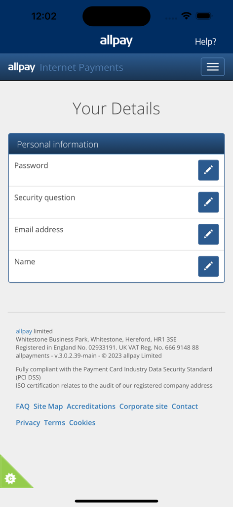 User profile screen in the allpay app showing personal information fields for password and contact details