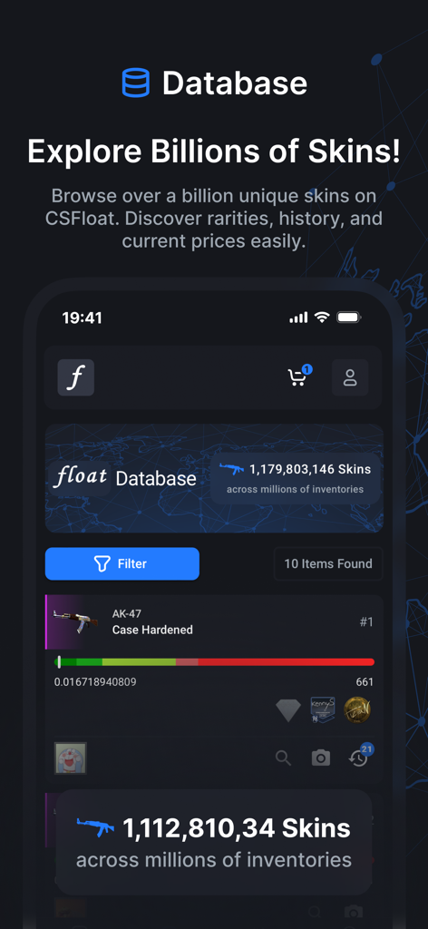 CSFloat - Interfaz de la aplicación móvil de CSFloat mostrando una base de datos de skins de CS2 con datos de rareza y precio