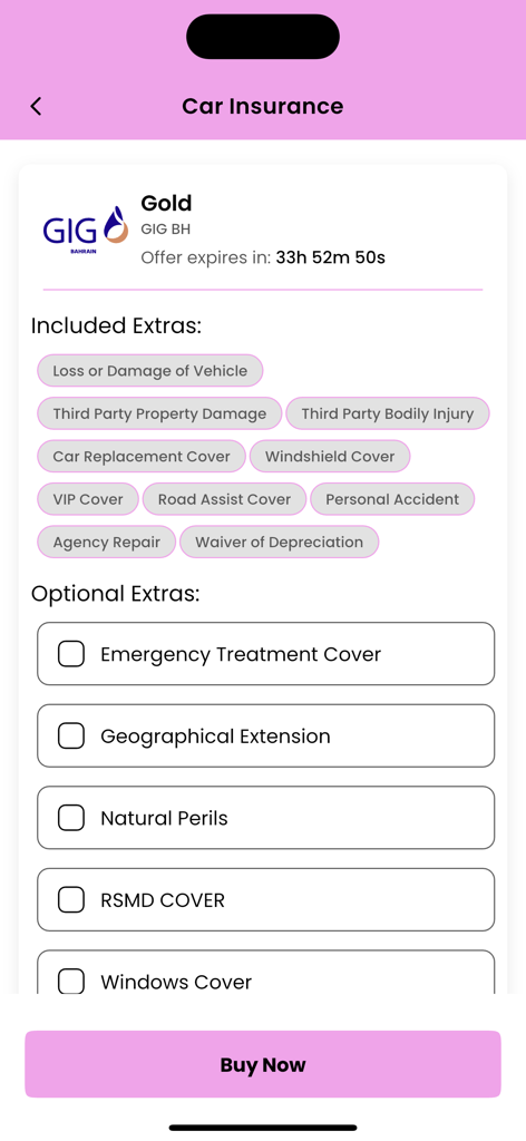 Amen Insurance - Mobile screen of the Amen Insurance app showing car insurance policy details including included and optional coverage extras with a buy now button