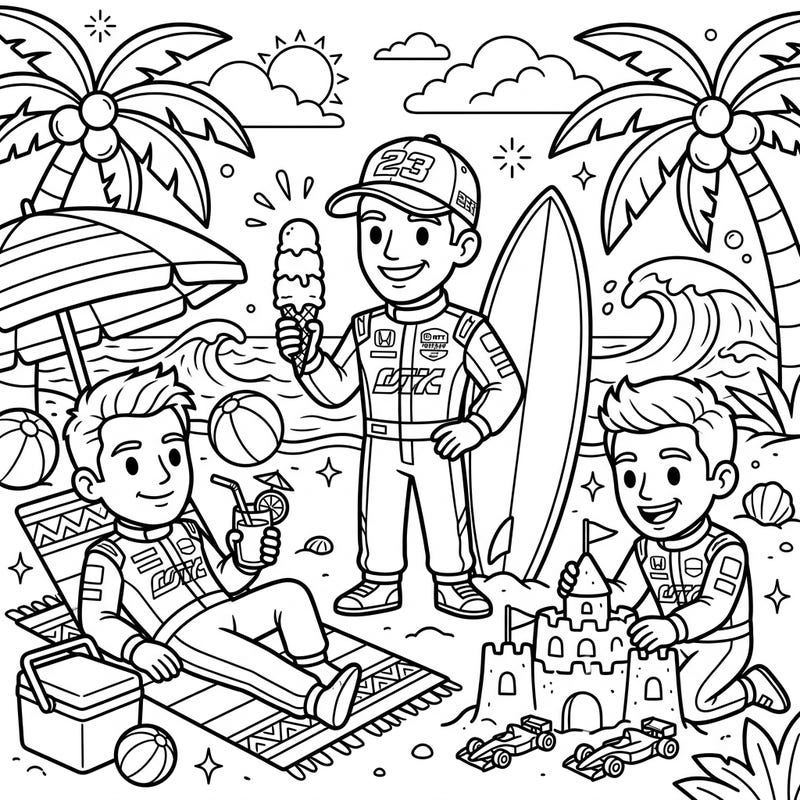 Get ready to race into relaxation with our exclusive coloring page featuring IndyCar drivers on a fantastic summer vacation. Unleash your creativity as you bring this exciting beach scene to life with your favorite colors!