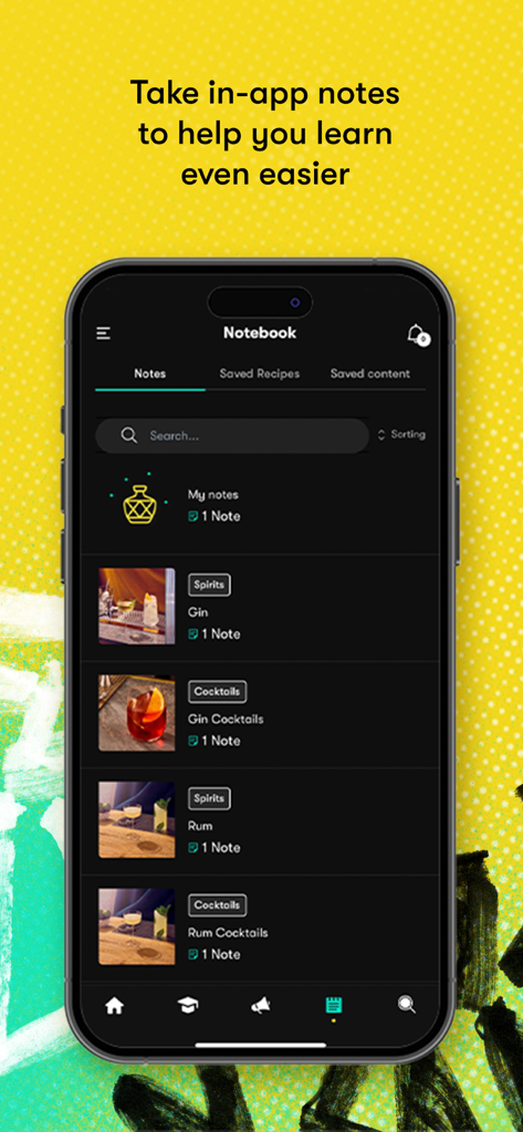 Freepour - For Pro Bartenders - The notebook screen of the Freepour app displaying saved notes on gin and rum cocktail recipes for professional bartenders.