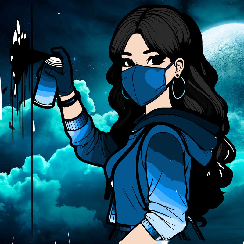 realistic girl with mask spray painting a wall