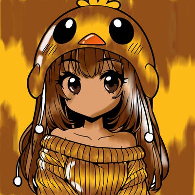 anime girl with chick shaped hat with sweater with bare shoulders with bangs covering them one eye with low tail