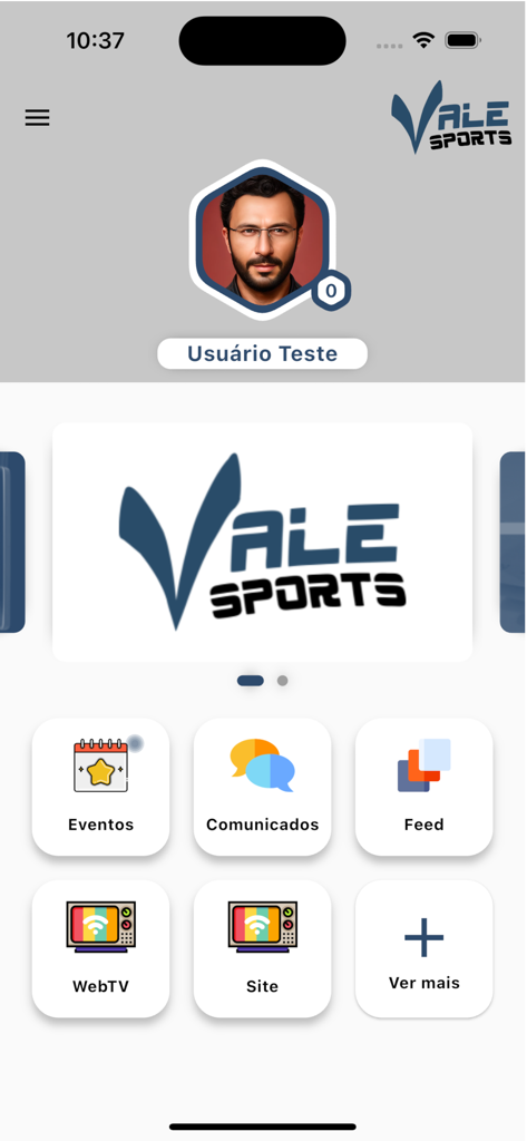Vale Sports - Home screen of the Vale Sports app displaying user profile and navigation menu icons