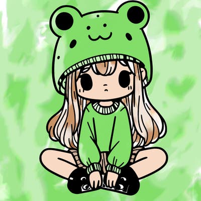 a girl wearing a frog hat and some frog socks