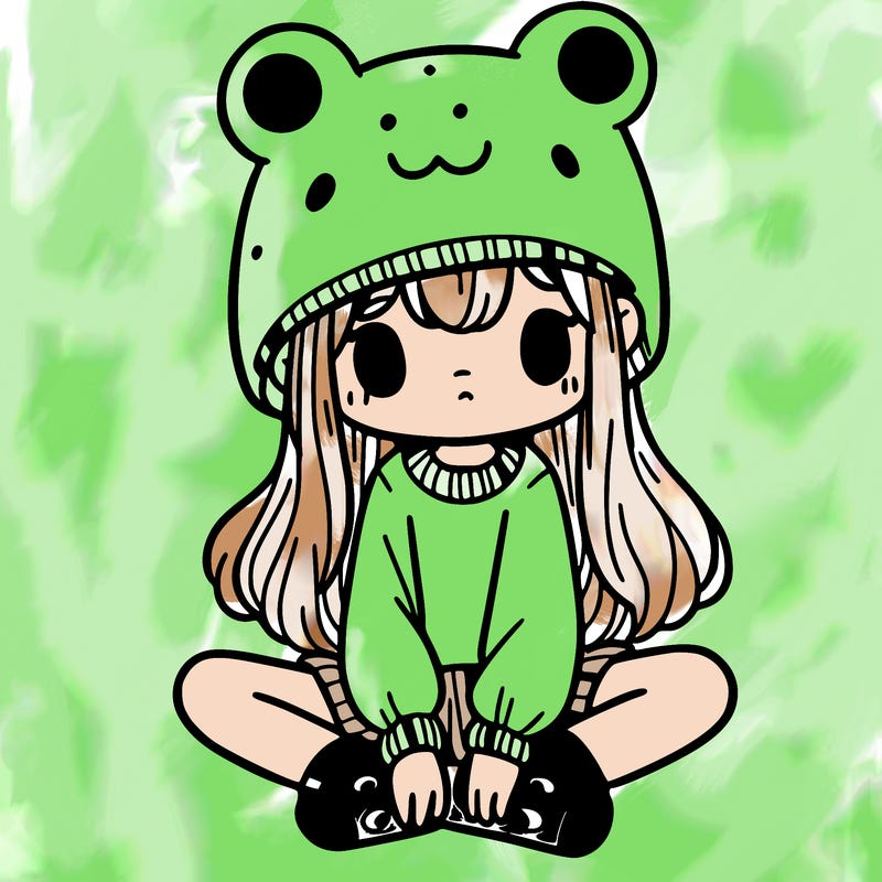 a girl wearing a frog hat and some frog socks