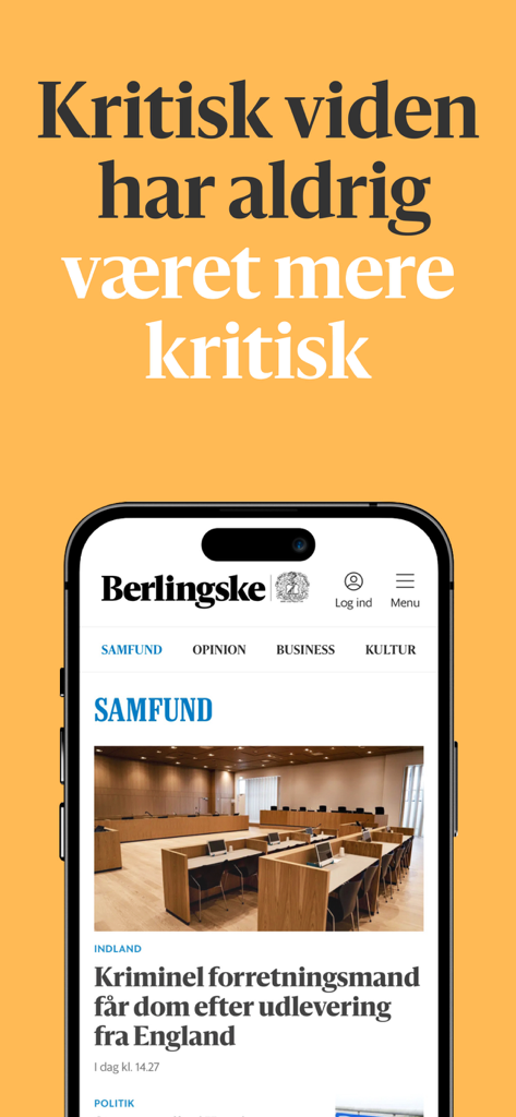 Berlingske - Berlingske news app on a smartphone displaying Danish headlines and news categories including society and business