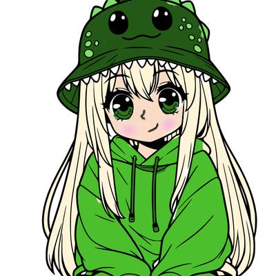 girl with anime shaped eyes with a dinosaur bucket hat oversized sweatshirt long straight hair
