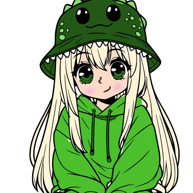 girl with anime shaped eyes with a dinosaur bucket hat oversized sweatshirt long straight hair