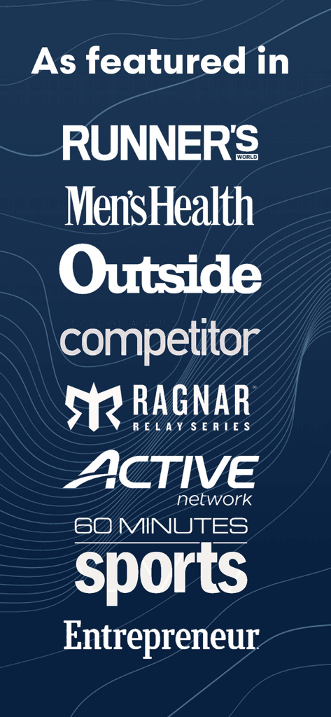 Un elenco di loghi delle principali pubblicazioni che hanno recensito l'app The Run Experience, tra cui Runners World e Mens Health