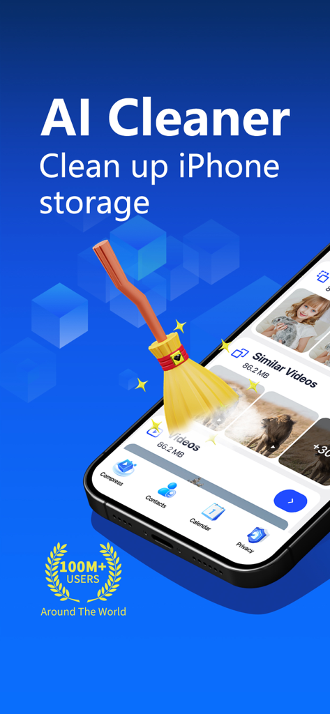 AI Cleaner: Storage Cleaner - Interfaz de la aplicación AI Cleaner en un iPhone que muestra funciones de limpieza de video similar y gestión de almacenamiento con un icono decorativo de escoba