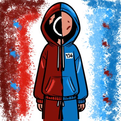 faceless girl in a tracksuit with a hood on and no hair