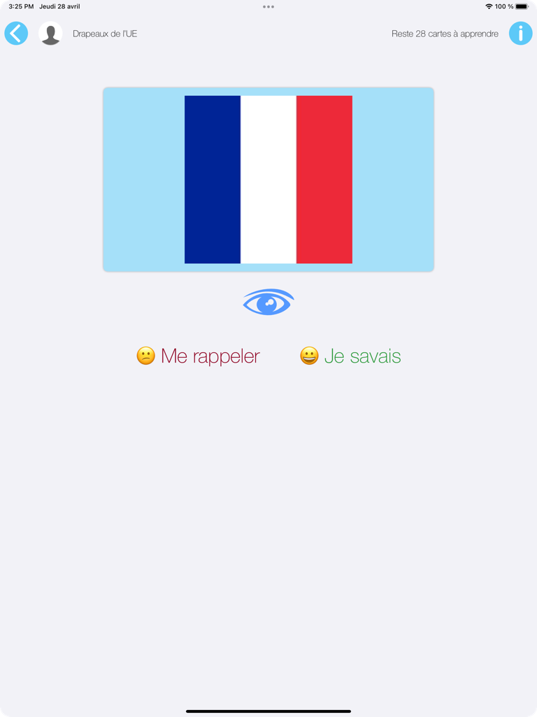 MEMO-CARTES - Interfaz educativa de iPad mostrando una tarjeta de memoria de la bandera de Francia con opciones de evaluación de recuperación activa