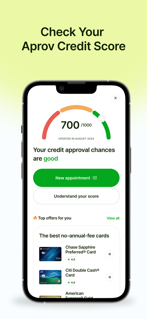 Aprov app screen showing a credit score meter at 700 and personalized credit card offers