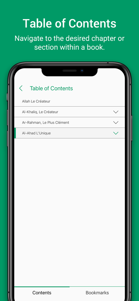 The IIS Digital Curriculum - Table of Contents view in the IIS Digital Curriculum app showing French language chapters about Islam.