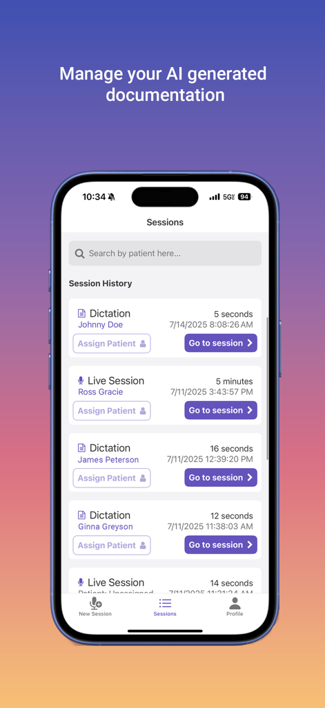 Clinical Notes AI - The sessions screen in the Clinical Notes AI app displaying a history of patient dictations and live recordings