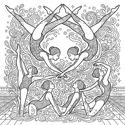Immerse yourself in the elegant world of synchronized swimming with this stunning adult coloring page. Featuring intricate details and fluid poses, it offers a mindful escape into aquatic artistry.
