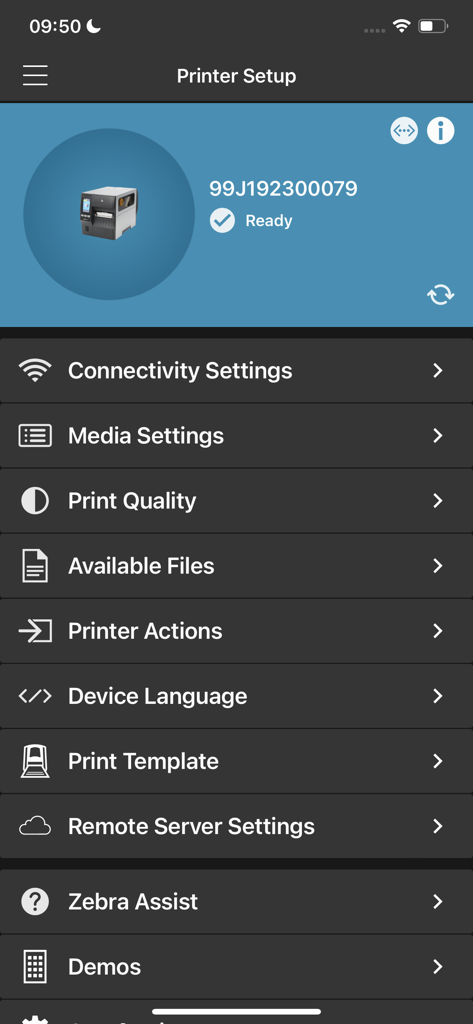 Zebra 프린터 설정 유틸리티 앱 메인 메뉴로, 산업용 프린터 구성 옵션 표시