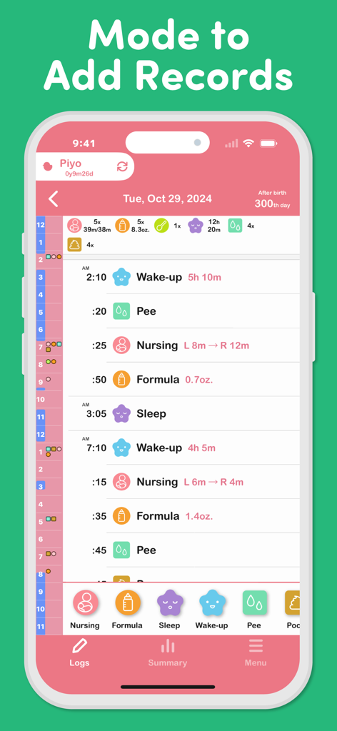 PiyoSup app daily log screen showing baby feeding sleep and diaper records
