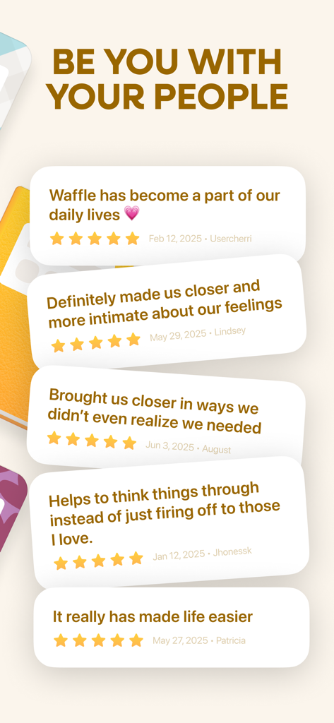 Waffle: Shared Journal - A collection of five-star user testimonials for the Waffle shared journal app highlighting its impact on emotional intimacy and communication.