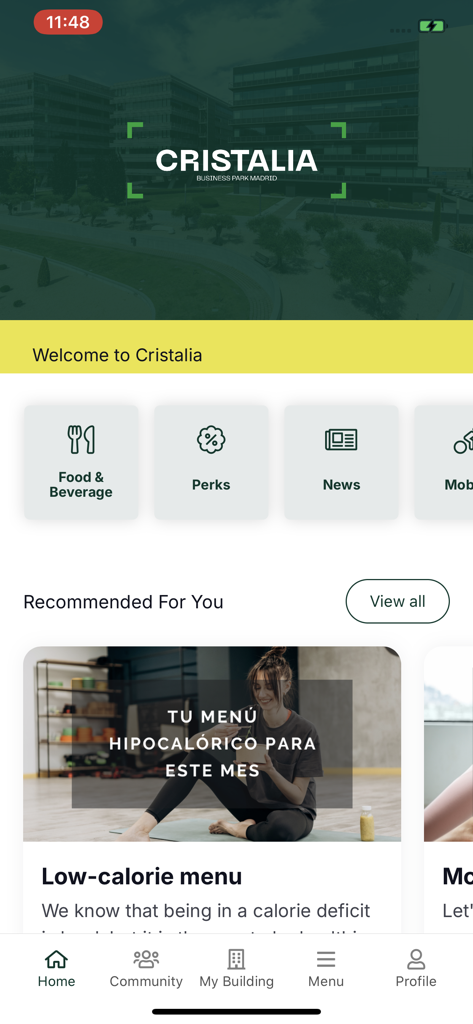 Cristalia - La pantalla de inicio de la aplicación Cristalia que muestra beneficios de oficina y noticias del edificio.