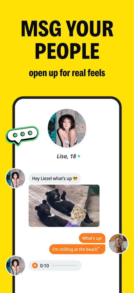 A screenshot of the BeFriend app showing a chat interface between two teenagers with text messages and a shared image.