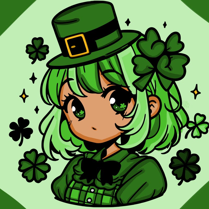 a manga-style girl with clovers around her, a little hat in her hair, like it's saint patrick's day