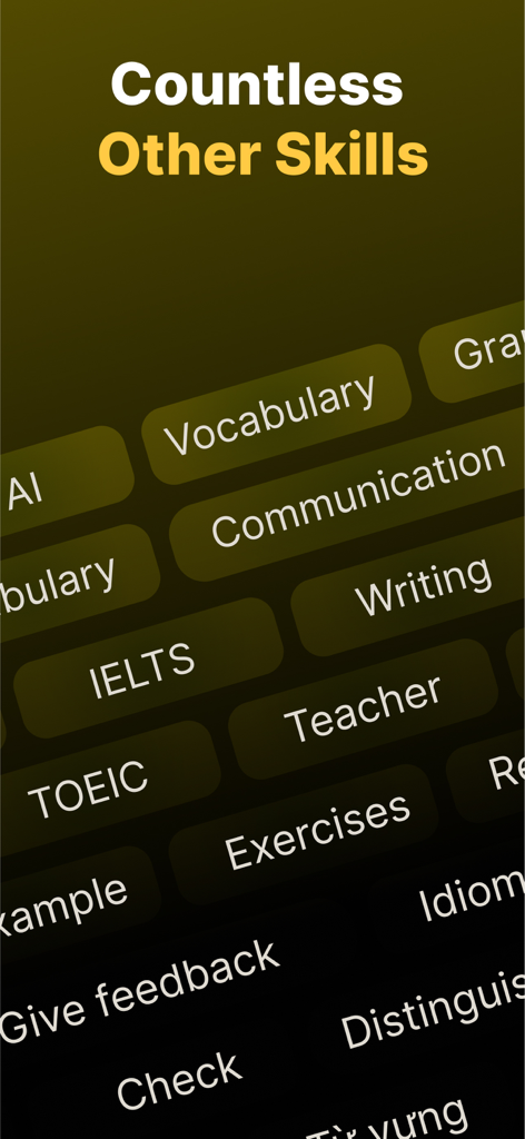 A mobile app interface displaying various English learning skills such as IELTS, TOEIC, Vocabulary, and Writing.