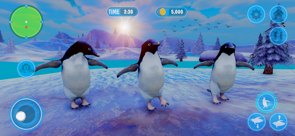 Penguin Bird Simulator 3D - Three penguins standing on snowy ground in a 3D simulation game environment