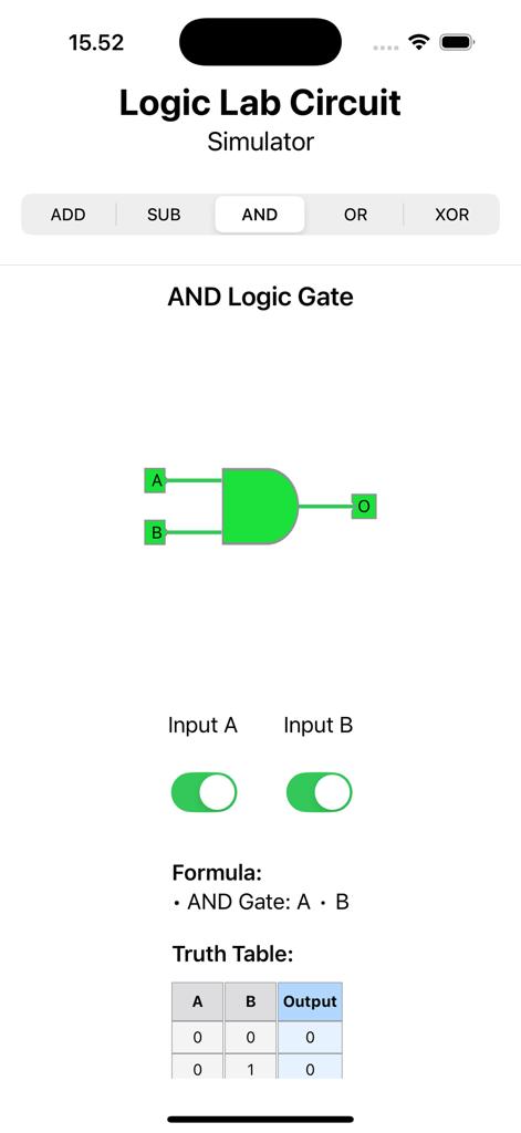 LogicLabCircuit - トグル、数式、真理値表を備えたインタラクティブなAND論理ゲートシミュレーション