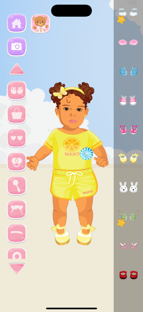 Fashion Baby: Dress Up Game - ファッションベビーゲームで、スタイリングオプションを備えた黄色の衣装を着た女の子のベビーキャラクター
