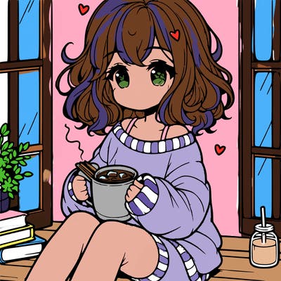cute anime girl reading book and drinking hot chocolate from mug with loose wavy hair wearing a baggy sweatshirt and shorts sitting by windowsill looking out