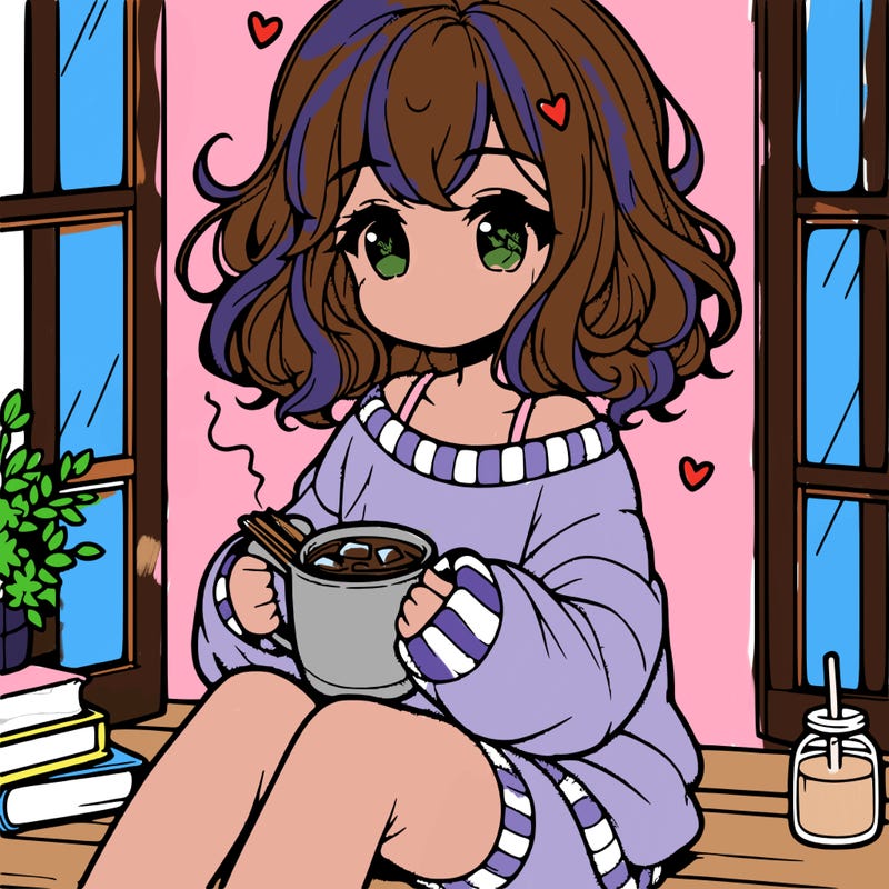 cute anime girl reading book and drinking hot chocolate from mug with loose wavy hair wearing a baggy sweatshirt and shorts sitting by windowsill looking out