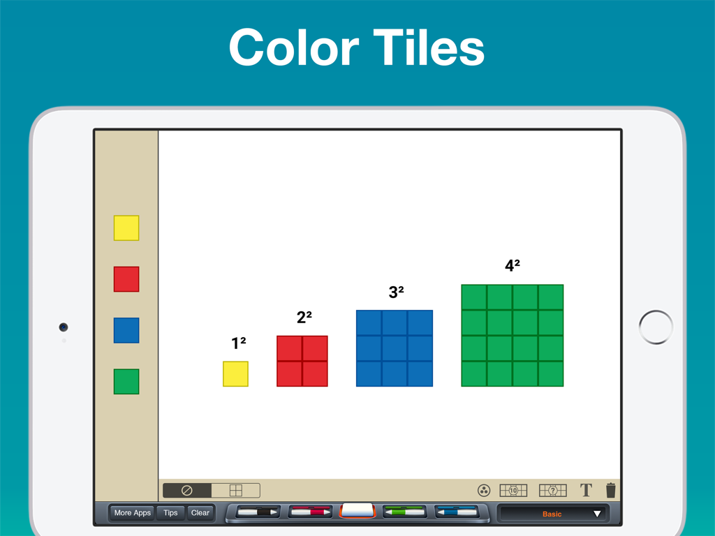 Color Tiles Manipulative - Digital color tiles on an iPad screen arranged to represent square numbers one through four