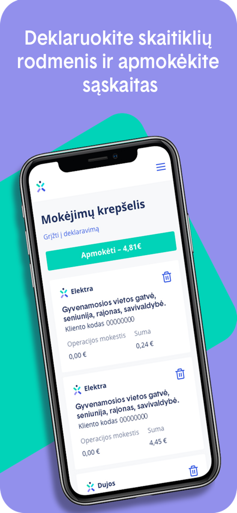 Ignitis savitarna - Ignitis savitarna mobile app interface showing a utility payment basket for electricity and gas bills