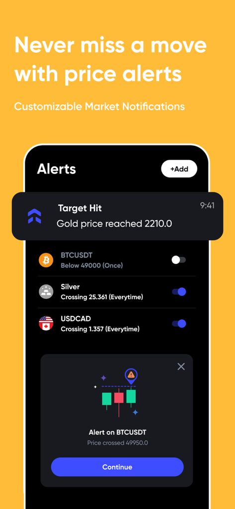 Interfaccia dell'app UltraTrader che mostra alert di prezzo personalizzabili e notifiche di mercato per vari asset