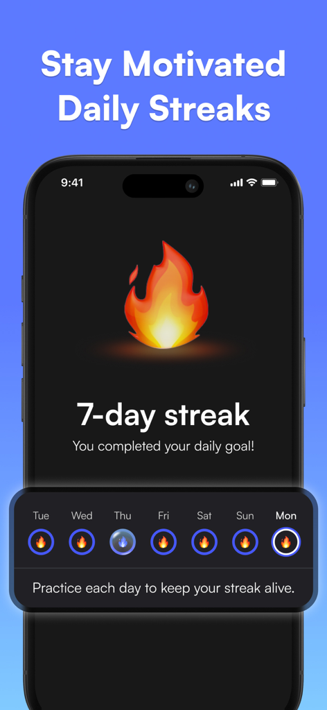 Heylama - AI Language Learning - Interfaz de la aplicación Heylama que muestra una racha de 7 días para mantener motivados a los estudiantes de idiomas