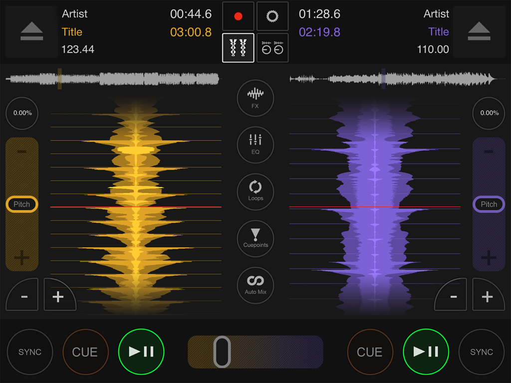 Professional DJ mixing interface with interactive waveforms and manual controls