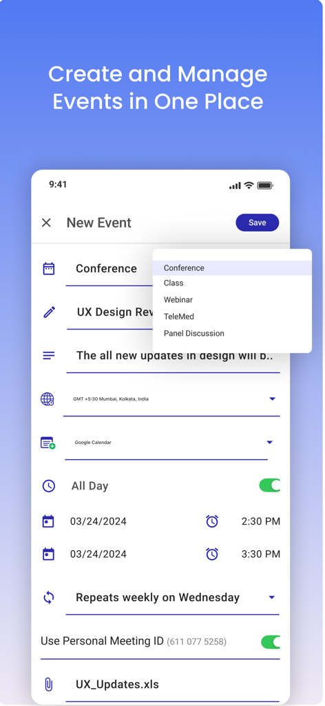 Daakia: Meetings & Webinar - Daakia app screen for creating and managing new video meetings and webinars on iOS