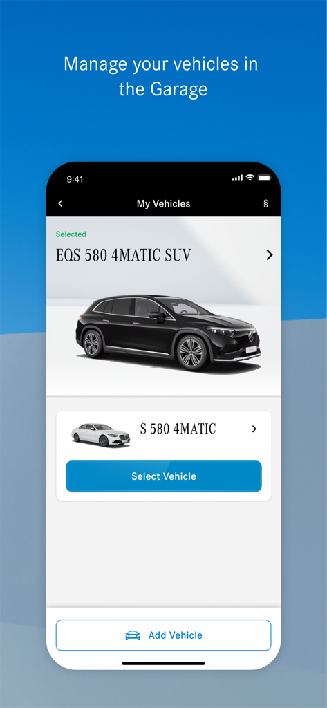 Screenshot of the Mercedes-Benz app showing multiple vehicles in the digital garage including an EQS SUV and S-Class sedan