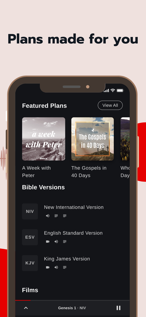 Interface of the Bible.is app showing featured study plans and multiple Bible versions