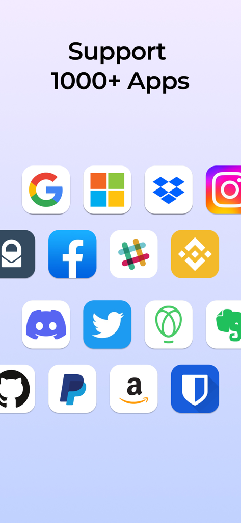 Grille d'icônes d'applications populaires comme Google, Facebook et PayPal prises en charge par Authenticator App + pour des connexions sécurisées.